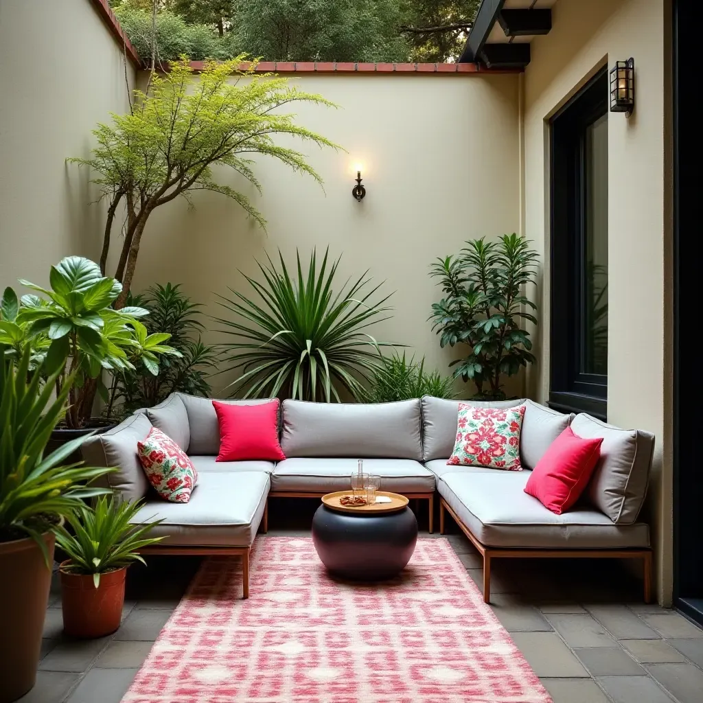 a photo of a stylish balcony with a chic outdoor rug and vibrant cushions