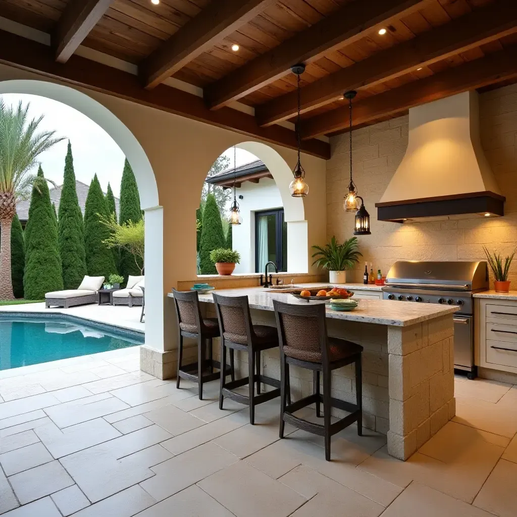 a photo of a Mediterranean-style outdoor kitchen with a pool view