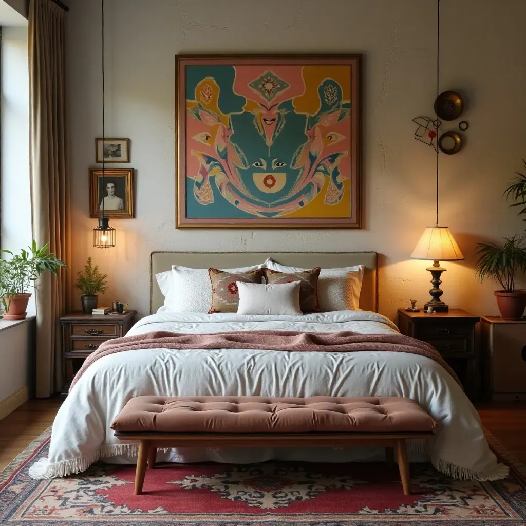 a photo of a bohemian bedroom with eclectic art and vintage decor pieces