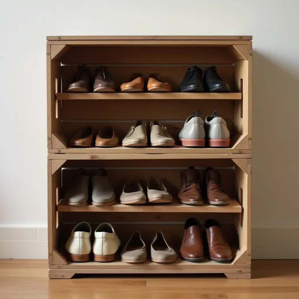 a photo of a creative DIY shoe rack made from crates