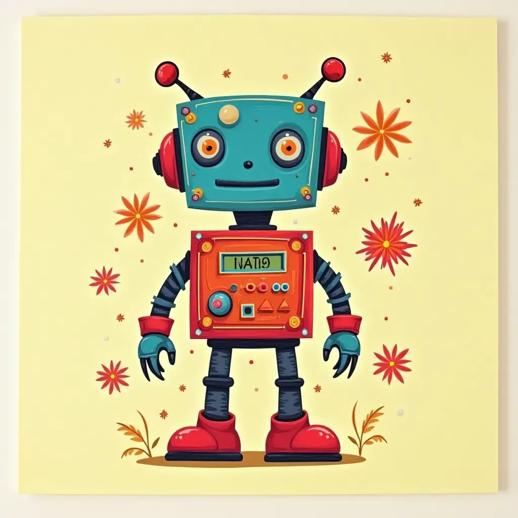 a photo of a fun robot-themed wall art with bright colors