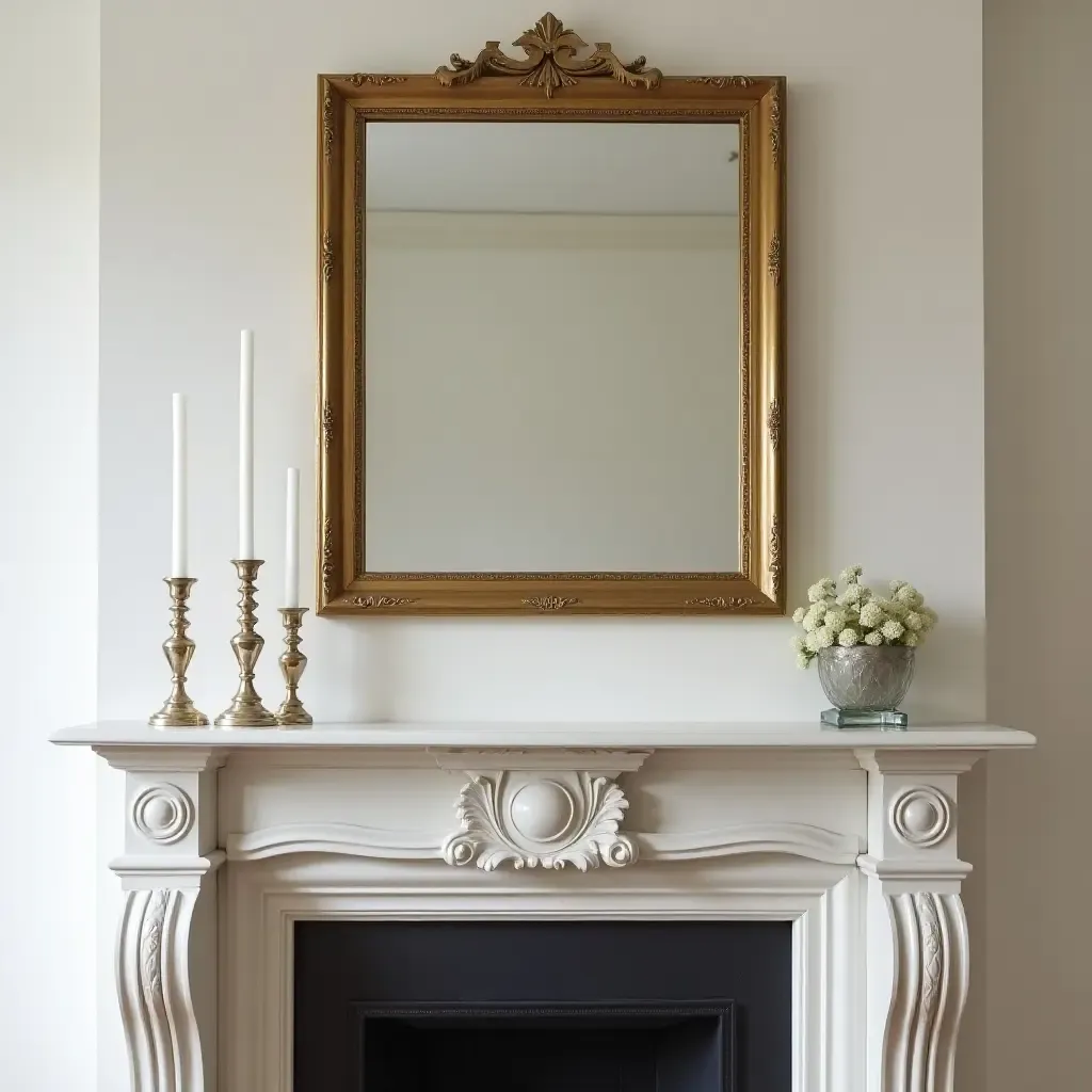 a photo of an elegant mantel with a gold-framed mirror and crystal decor