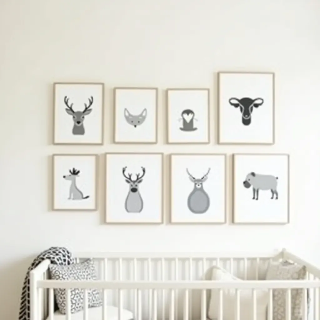 a photo of a nursery gallery wall decorated with nature-themed prints