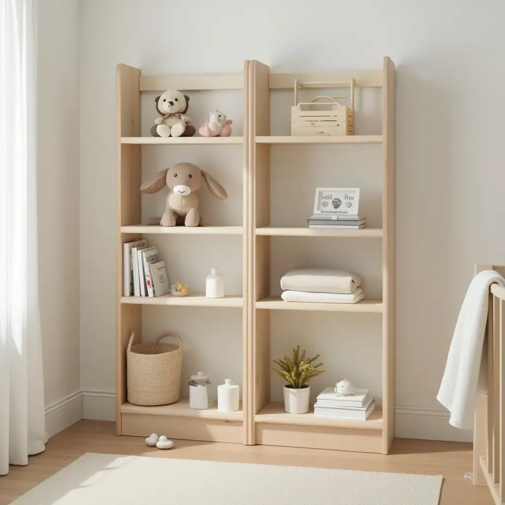 a photo of a nursery shelf designed with eco-friendly materials and natural finishes