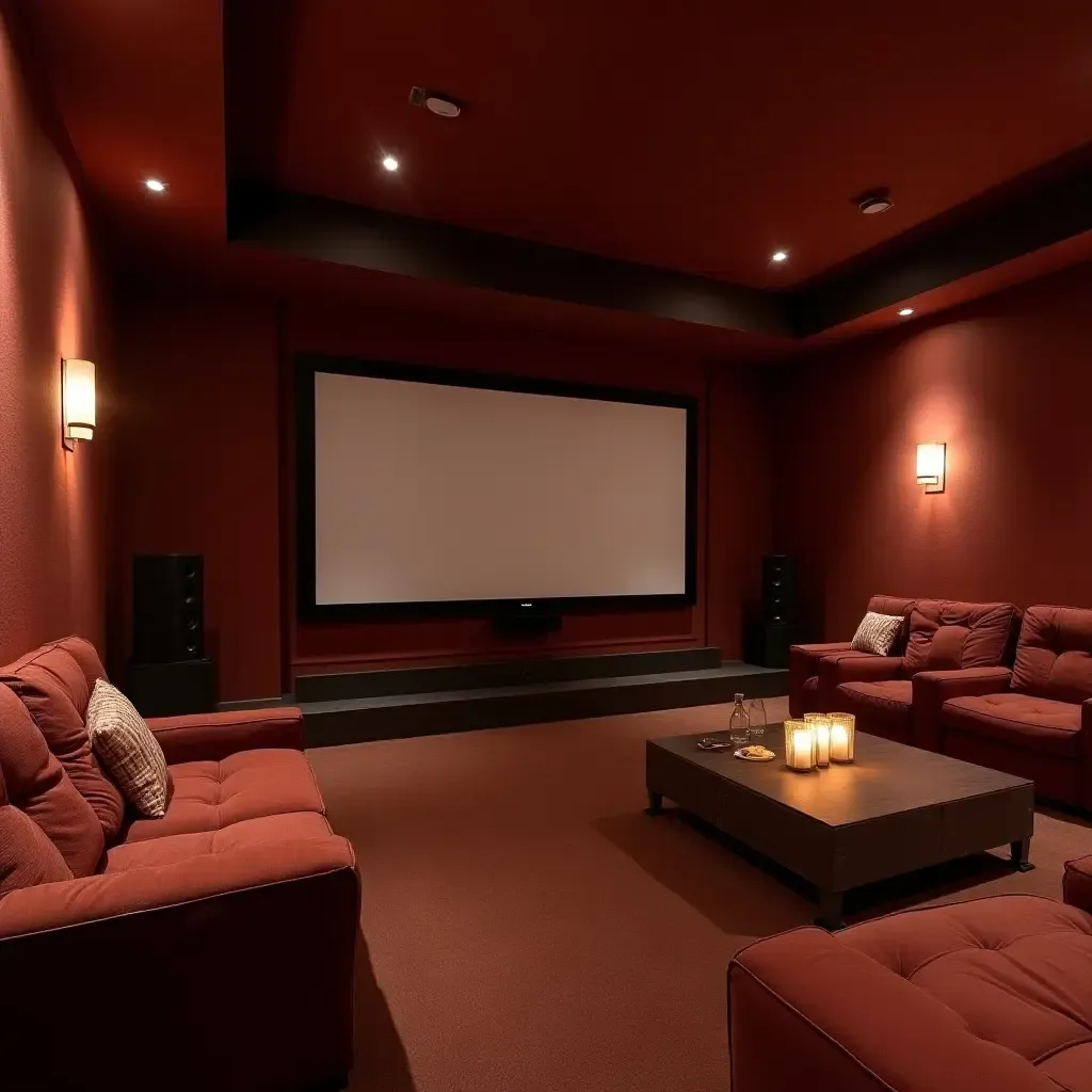 a photo of a basement home theater with cozy seating