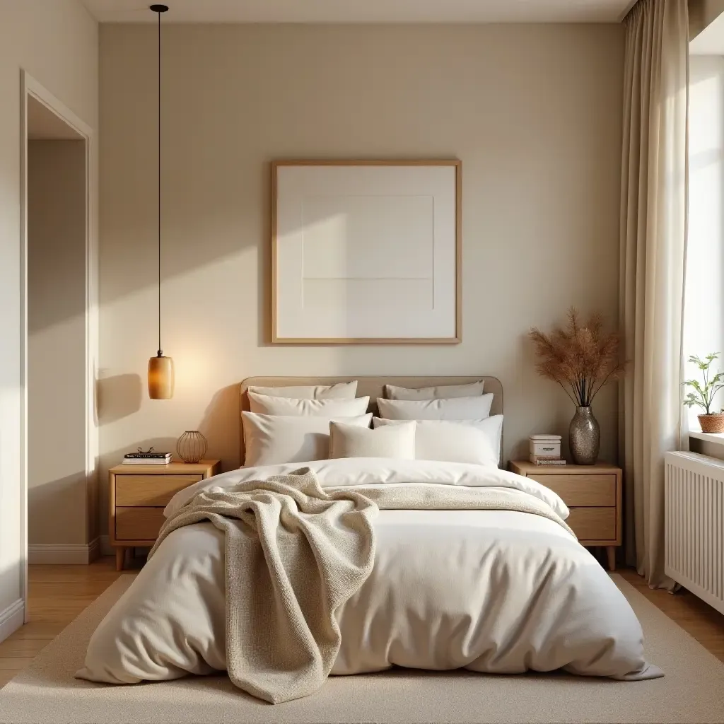 a photo of a small bedroom with soft, warm color palettes and natural textures