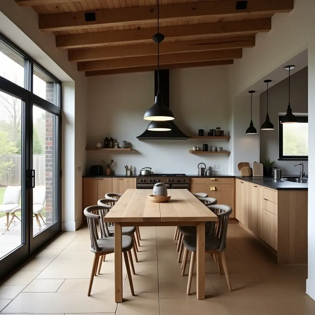 a photo of a rustic Scandinavian kitchen with a wooden dining table and light fixtures