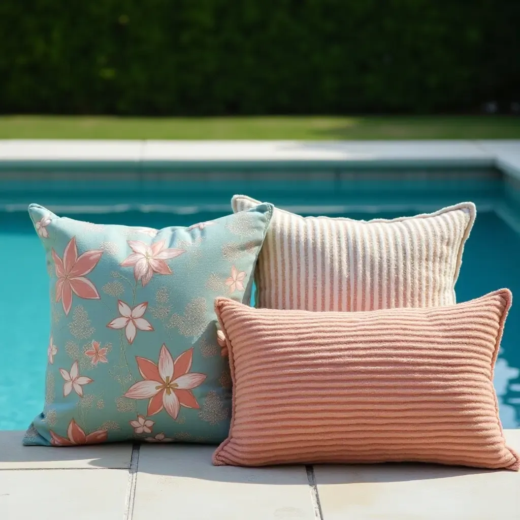 a photo of eco-friendly throw pillows made from recycled materials by the pool