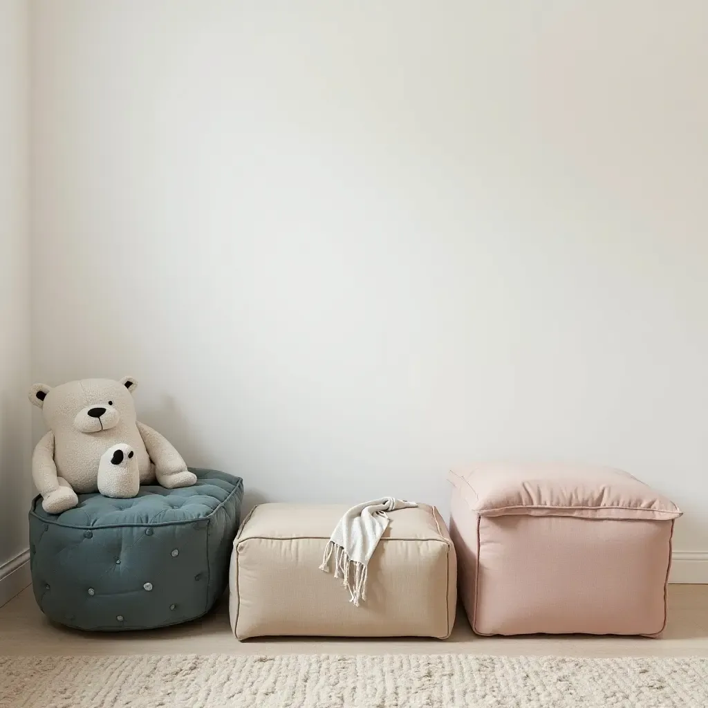 a photo of a kid&#x27;s room with stylish storage ottomans