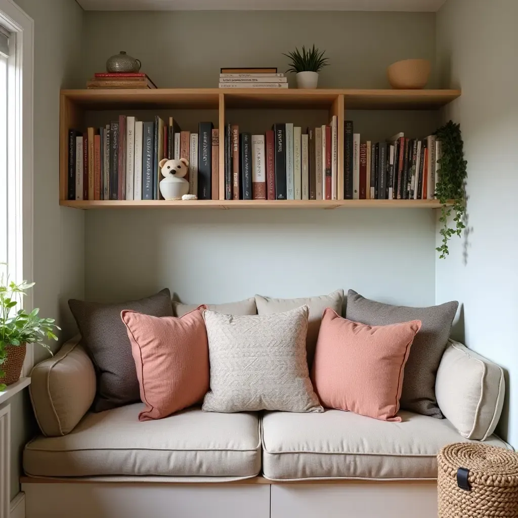 a photo of a cozy basement reading nook with handmade cushions and a bookshelf