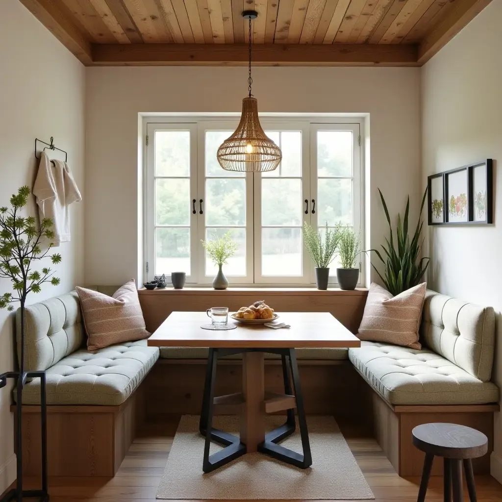 a photo of a breakfast nook with a rustic charm and handmade decor