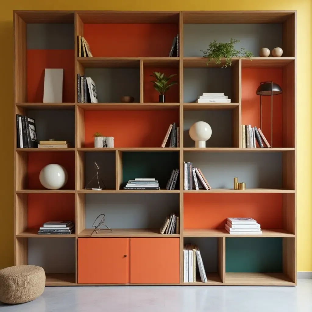 a photo of a modern bookshelf showcasing geometric shapes and bold colors