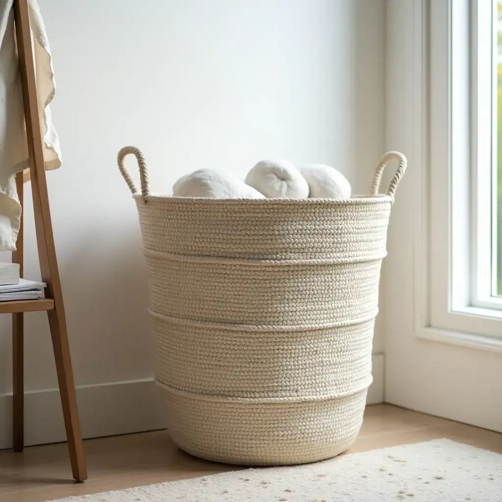 a photo of a stylish laundry basket doubling as a decor piece