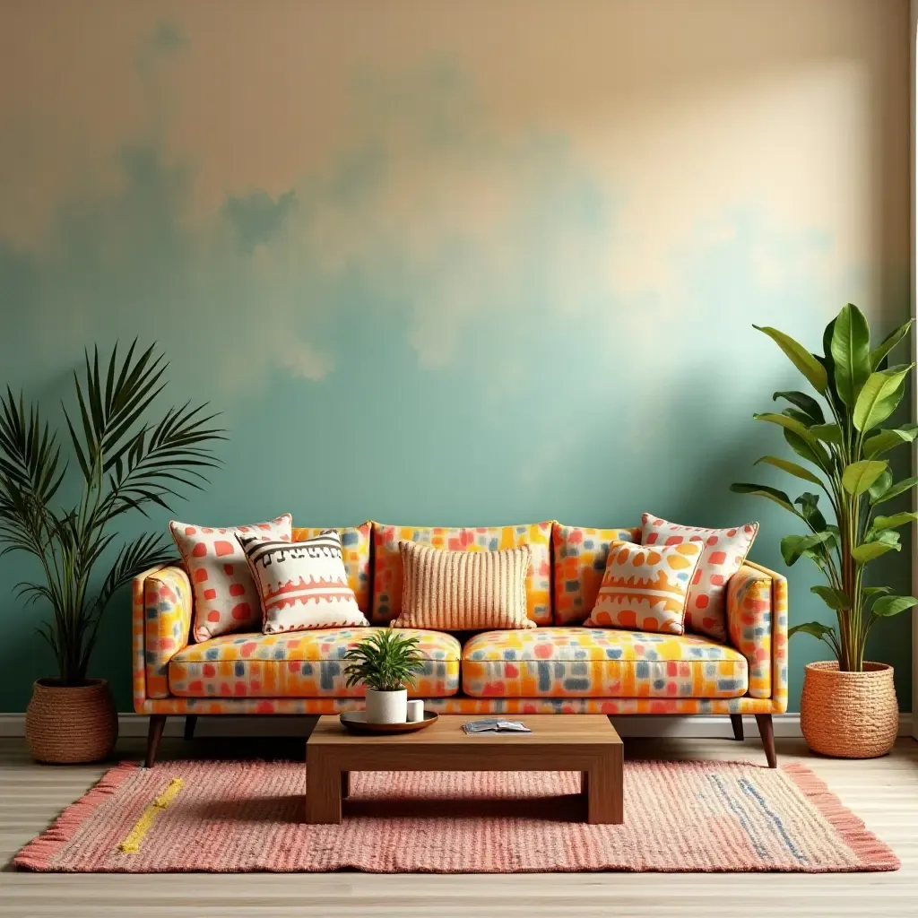 a photo of a colorful living room with patterned plant pots