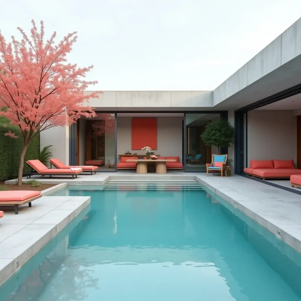 a photo of a minimalist pool with gray stone and pops of bright coral decor