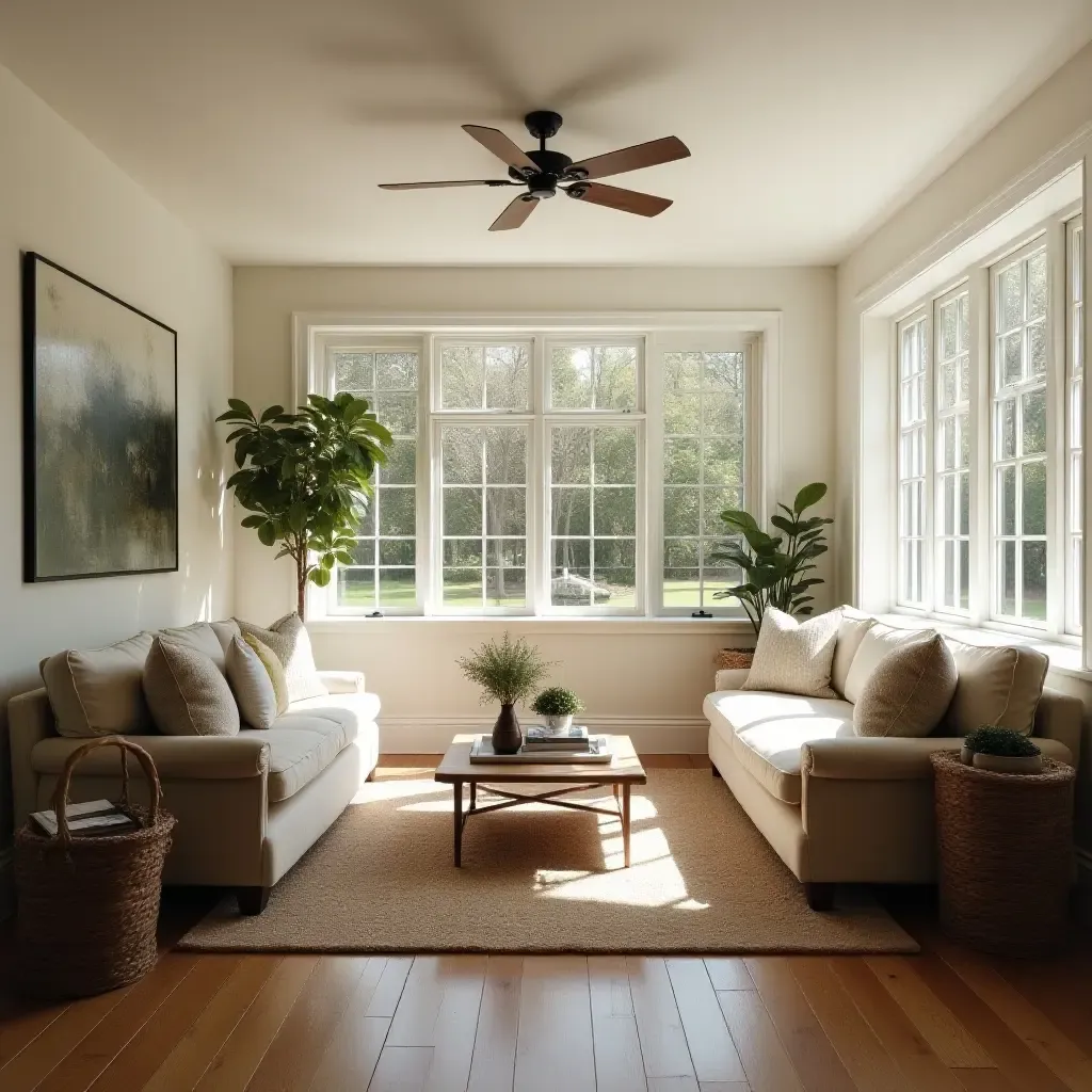 a photo of a bright living room with large windows and farmhouse-inspired furnishings