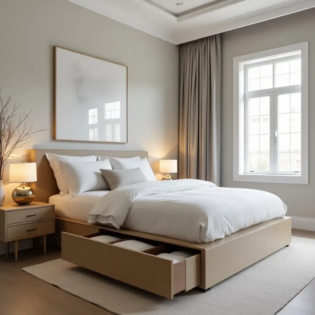 a photo of a chic bedroom with under-bed storage drawers