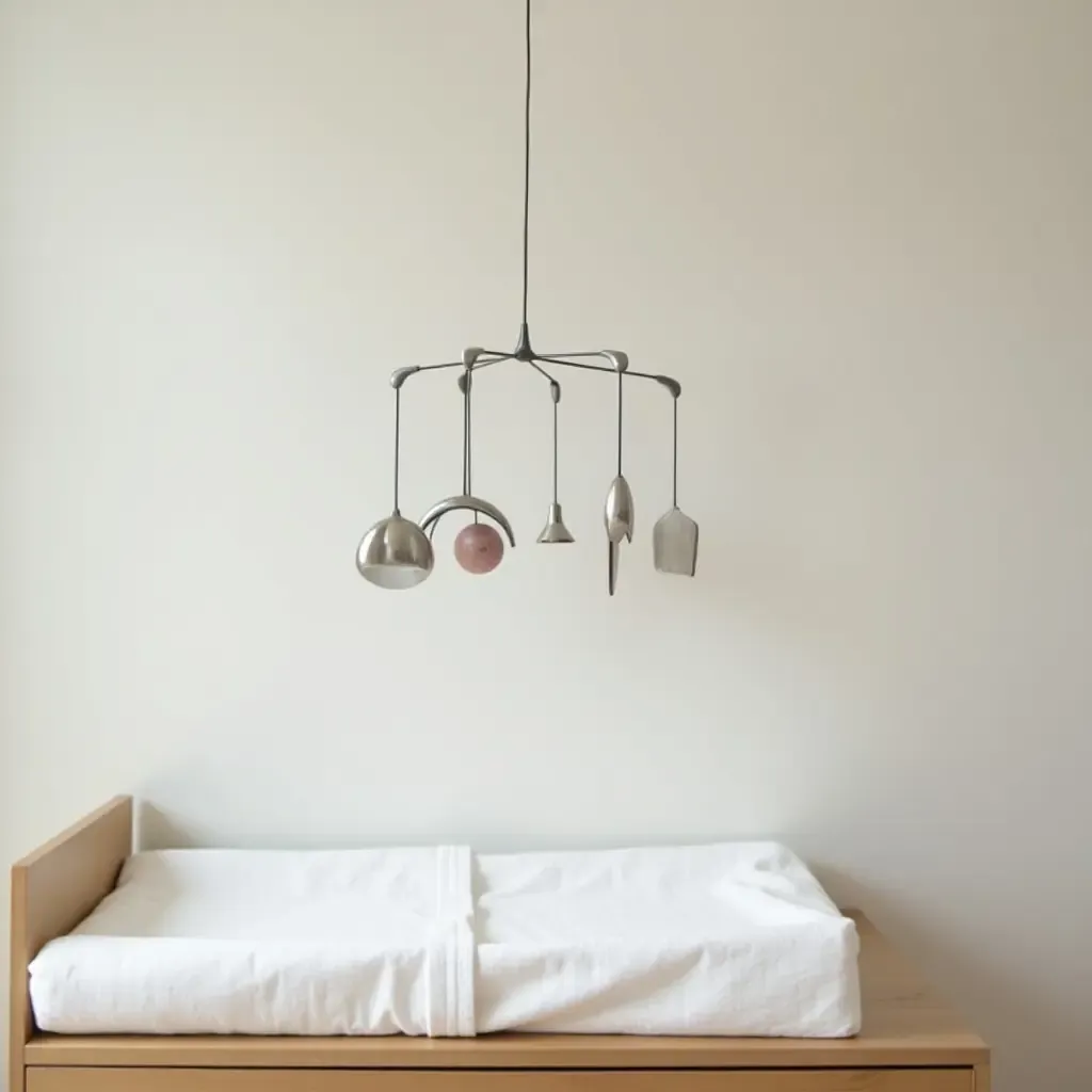 a photo of a silver metallic mobile hanging above a changing table