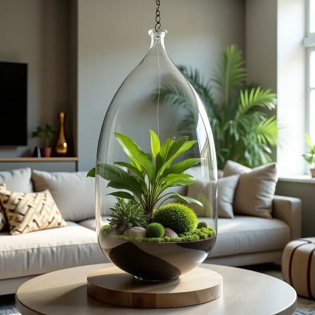 a photo of a living room featuring a terrarium centerpiece