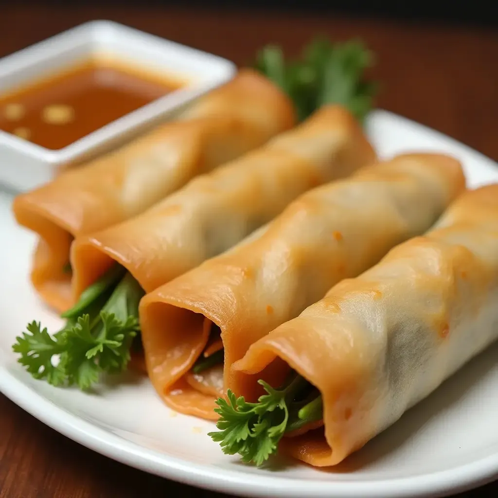 a photo of a vibrant plate of goi cuon fresh spring rolls with peanut dipping sauce.