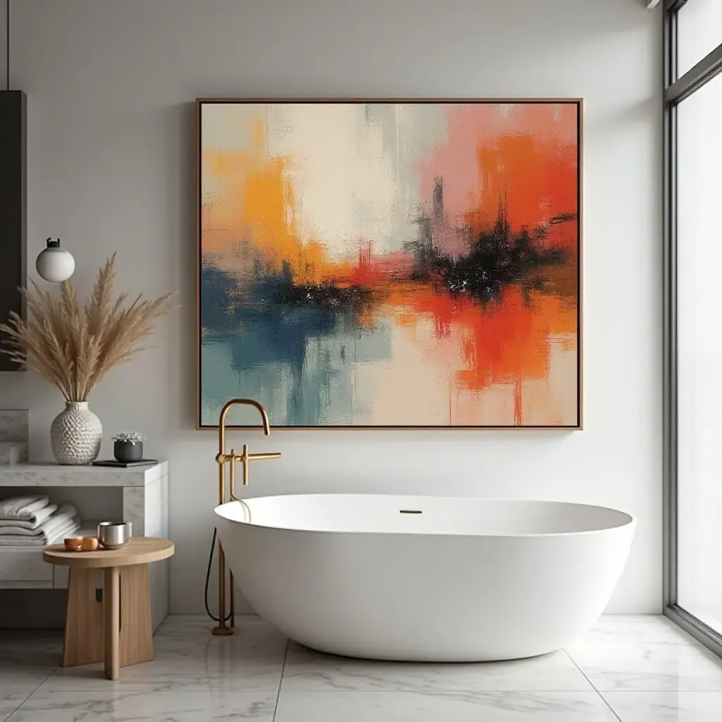 a photo of a large, framed abstract piece with vibrant colors in a bathroom