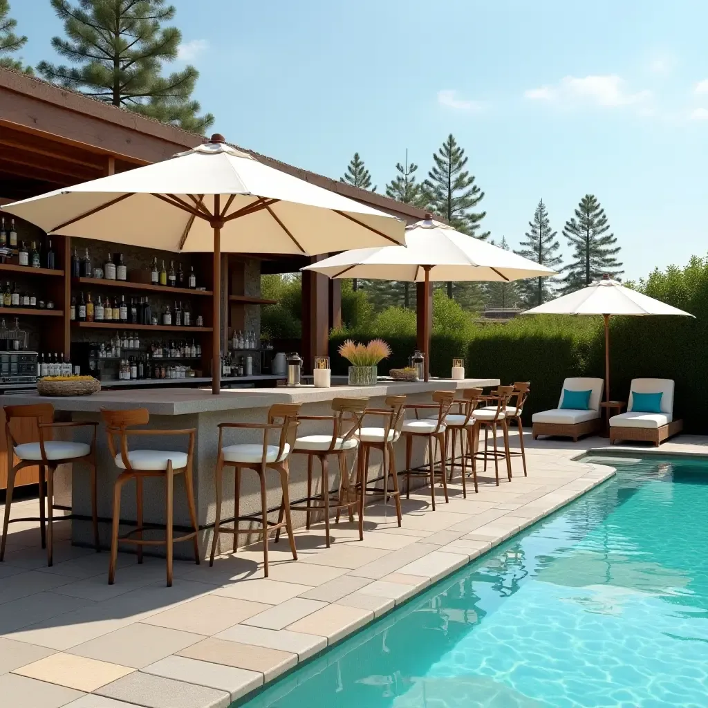 a photo of an outdoor bar next to a pool with trendy stools and umbrellas