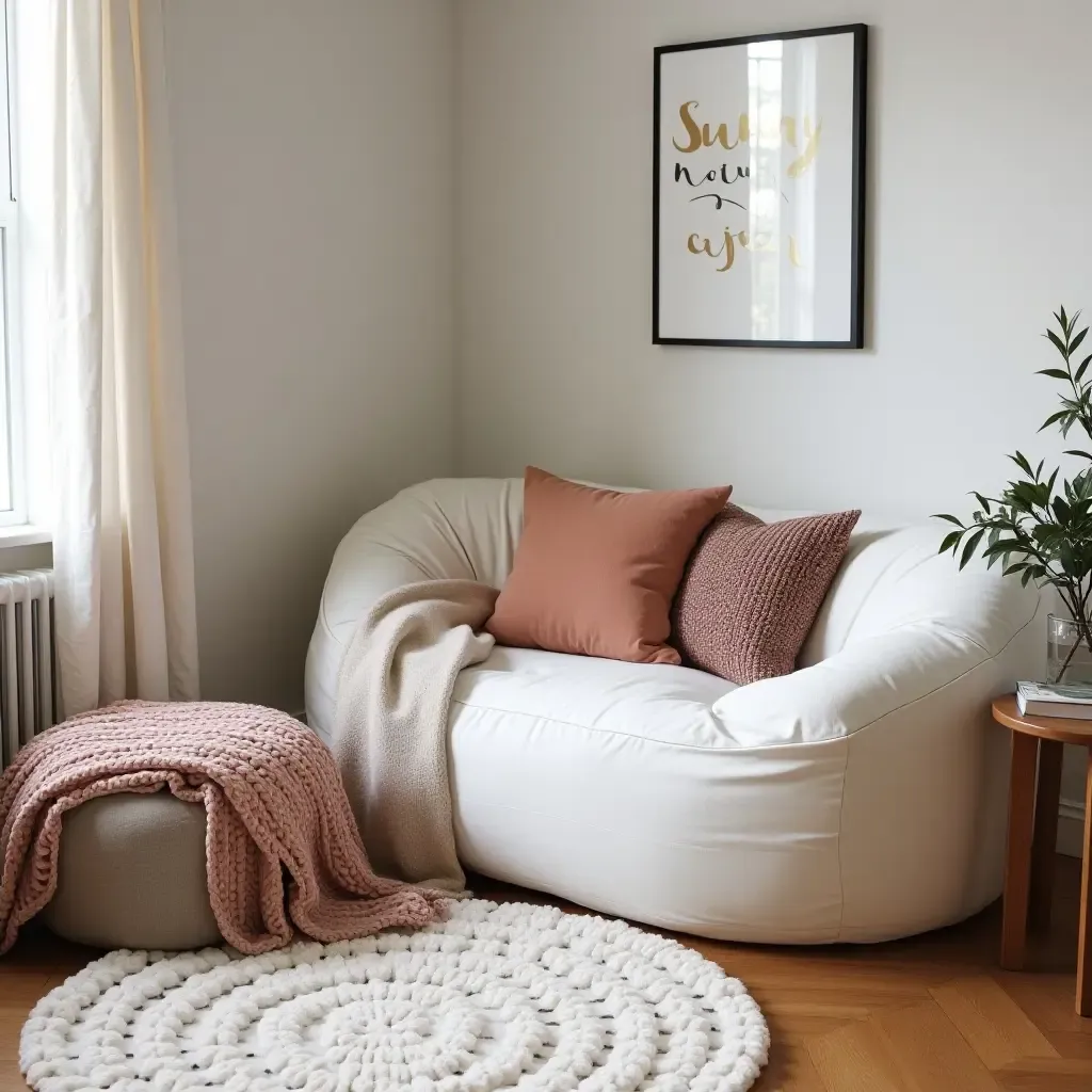 a photo of a chic teen room with a stylish bean bag and decorative throw blankets