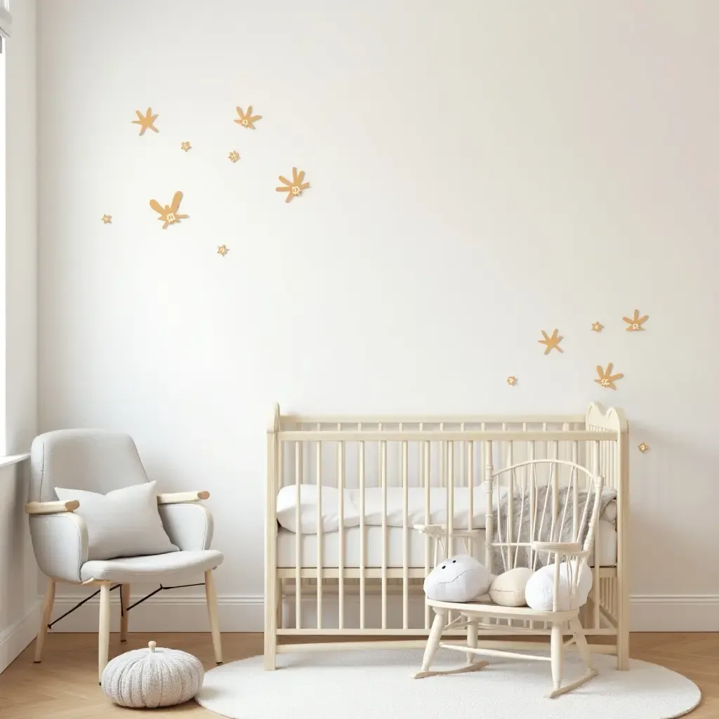 a photo of a nursery with a compact layout and playful wall decals