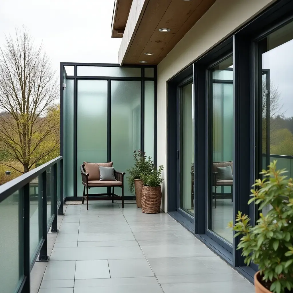 a photo of a glass balcony surrounded by decorative outdoor panels for privacy