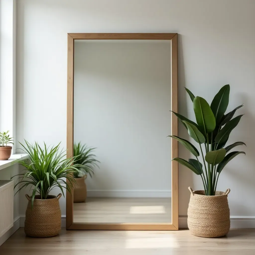 a photo of a cozy space with a large floor mirror and plants