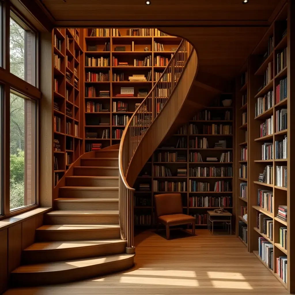 a photo of a library with a wooden staircase leading to a loft