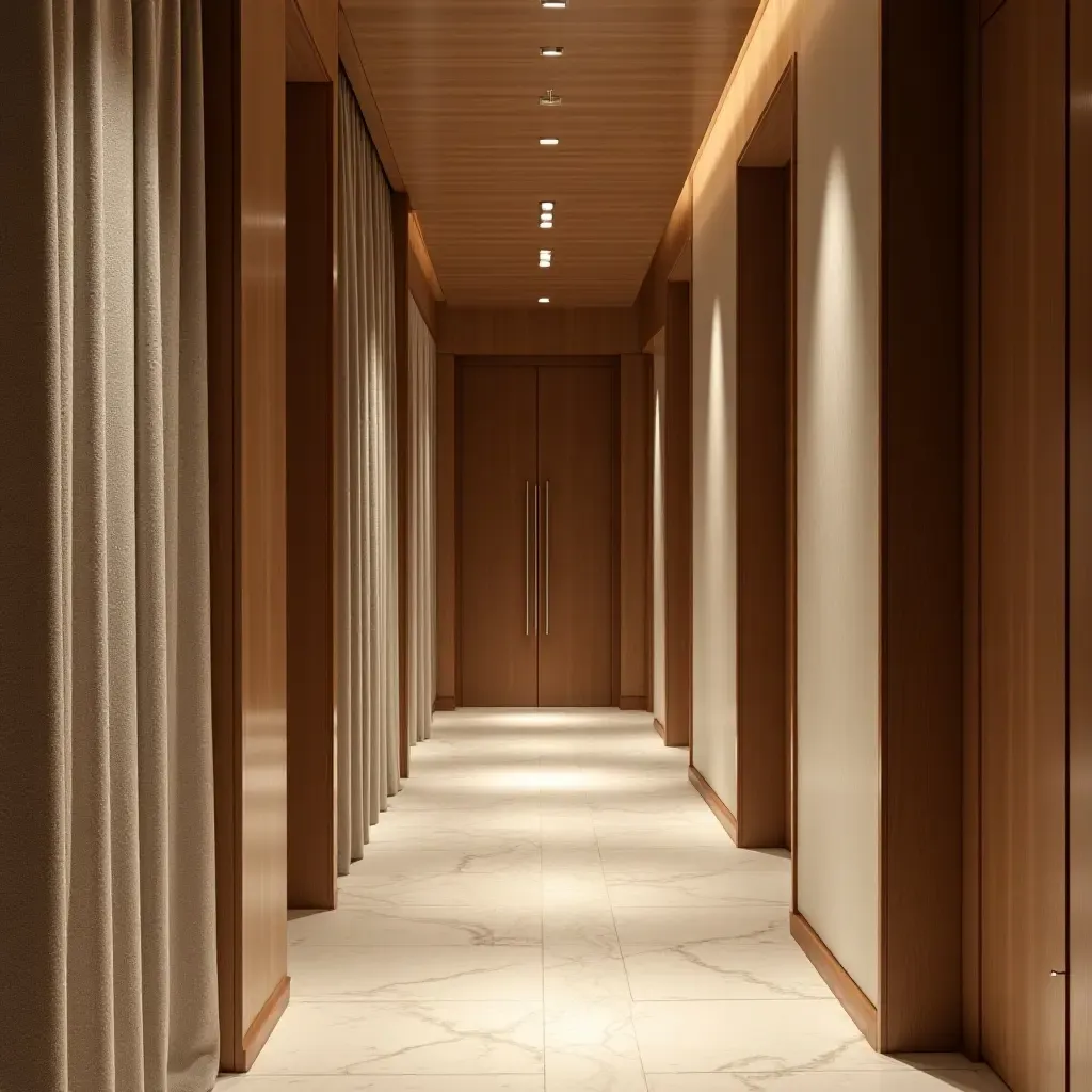 a photo of an inviting corridor showcasing layered fabric, polished wood, and metallic highlights