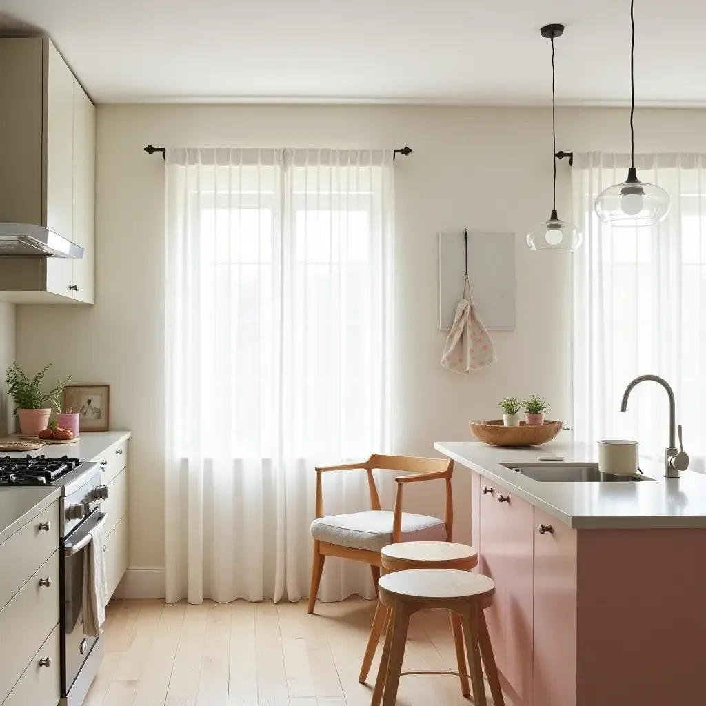 a photo of a stylish kitchen with pastel accents and airy curtains