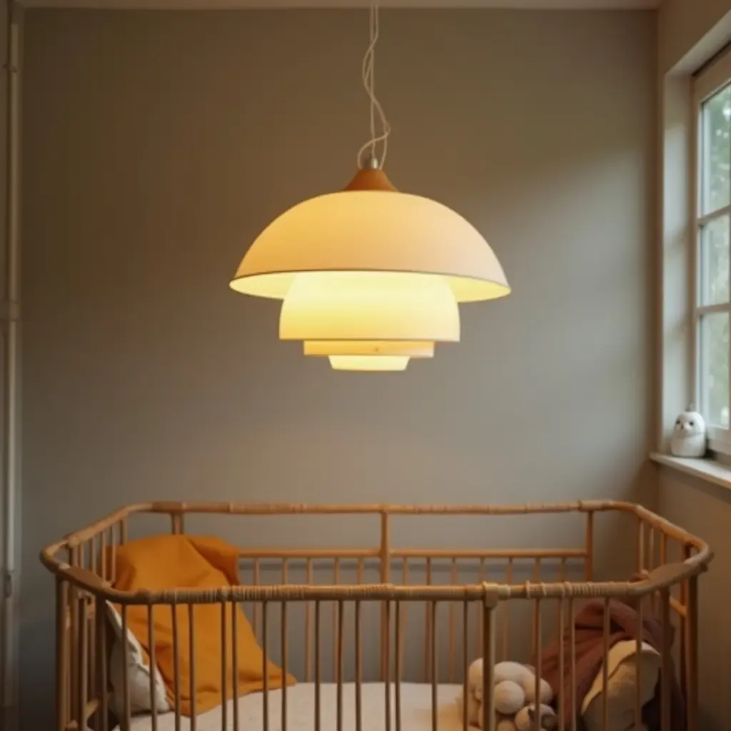 a photo of a retro pendant light in a vintage nursery setup