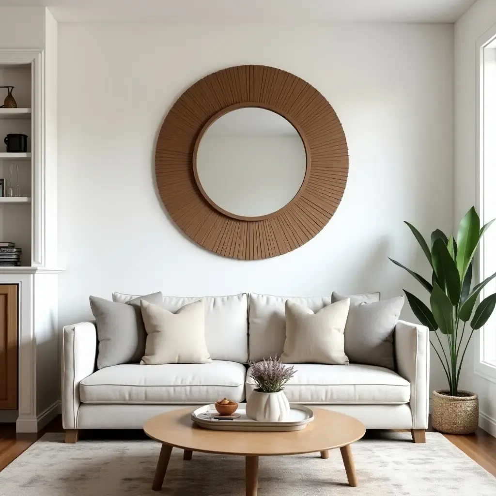 a photo of a welcoming living room with a large decorative mirror above the sofa