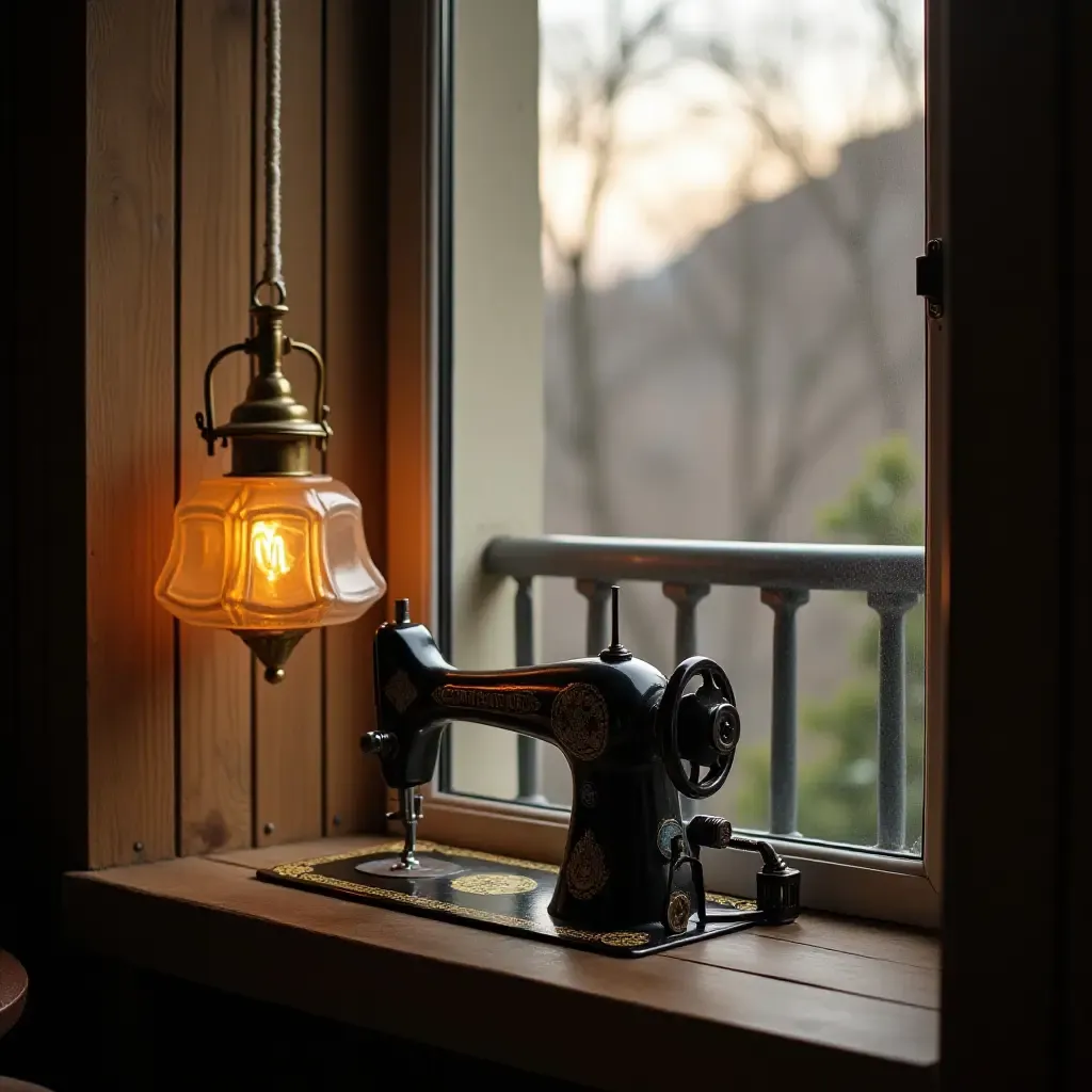 a photo of a balcony with a vintage sewing machine as decor