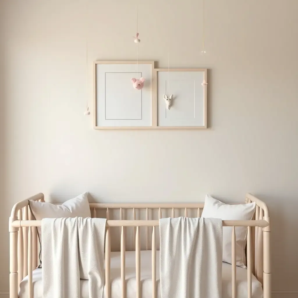 a photo of a nursery with a soft color palette and delicate wall hangings