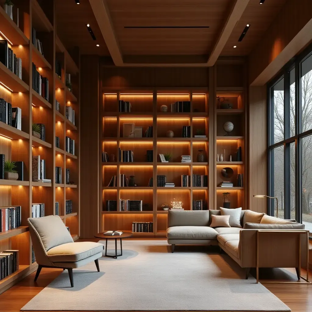 a photo of a modern library featuring wooden shelves and fabric accents