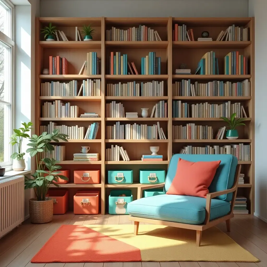 a photo of a vibrant home library with colorful book bins