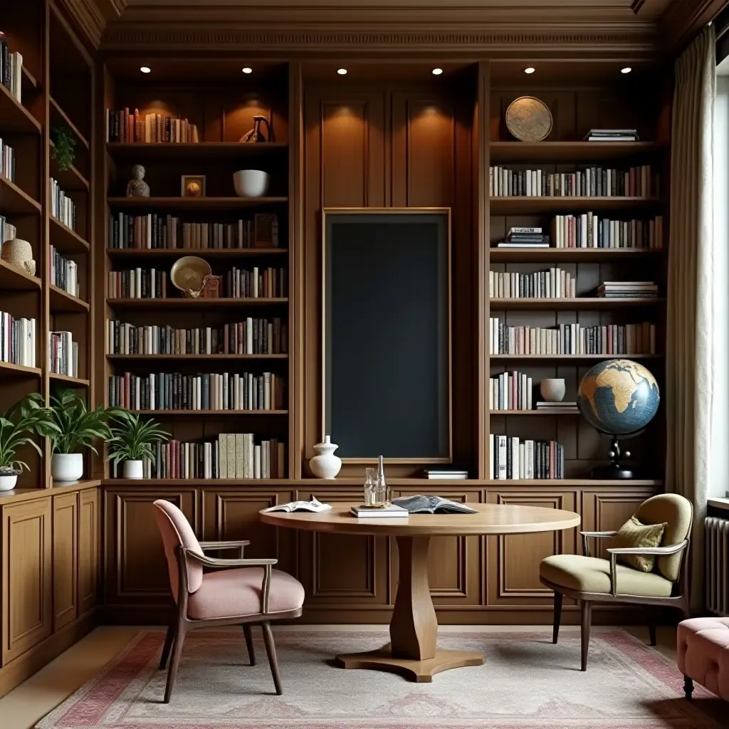 a photo of a home library featuring a vintage globe and wooden accents