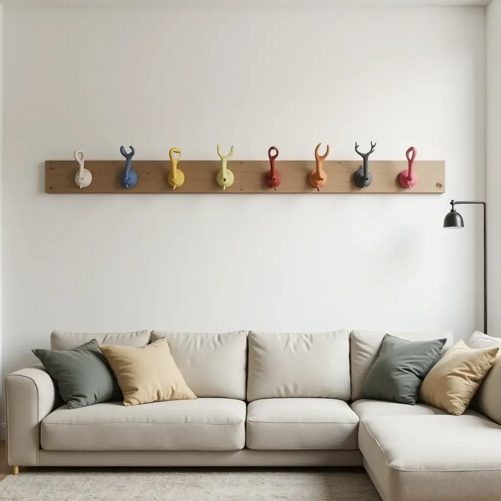 a photo of a living room with colorful wall hooks for organization