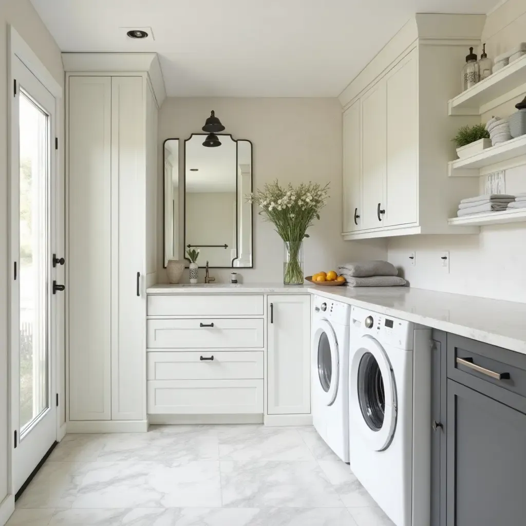 a photo of a bright laundry room with mirrors to enhance space perception