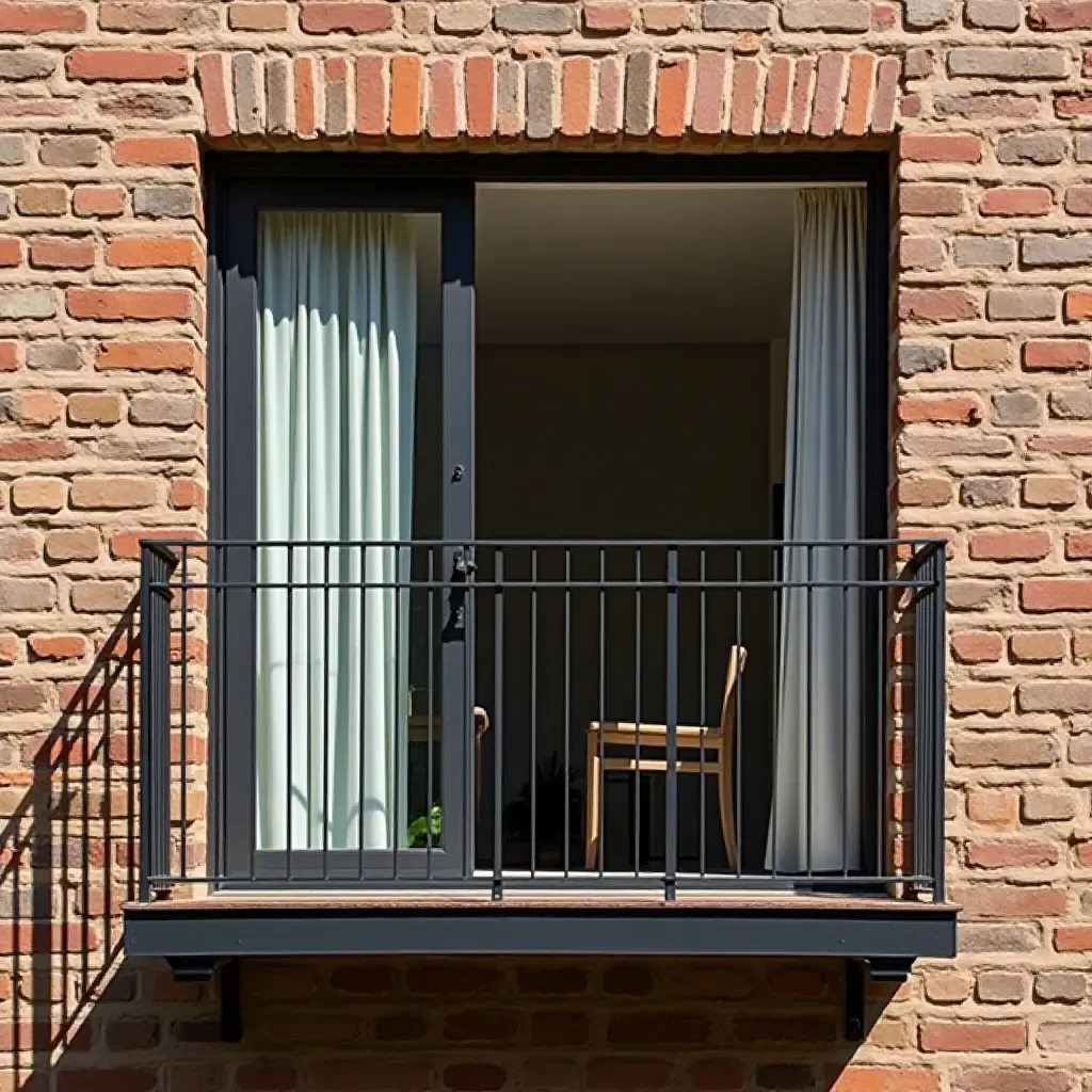 a photo of a balcony featuring exposed brick walls and metal railings