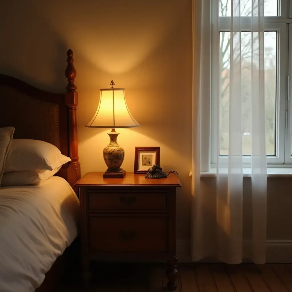 a photo of a vintage nightstand with a lamp in a cozy bedroom