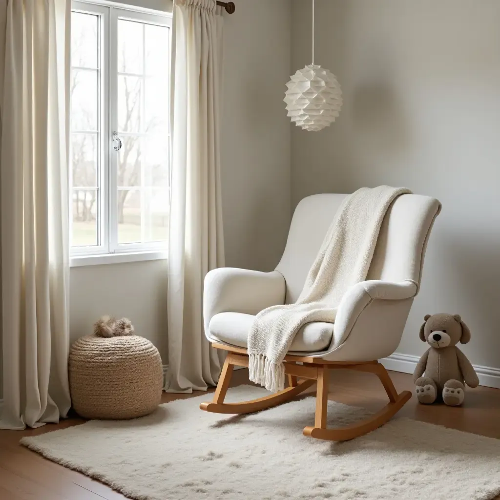 a photo of a nursery with a stylish glider and cozy blankets