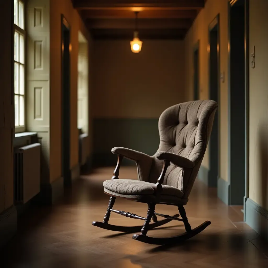 a photo of a vintage rocking chair in a cozy corridor