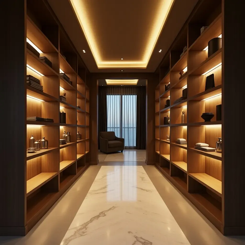 a photo of a corridor shelving with integrated lighting for ambiance