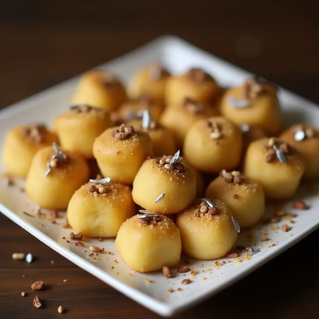 a photo of a plate of aromatic, cardamom-flavored Ghevar topped with silver leaf and nuts.