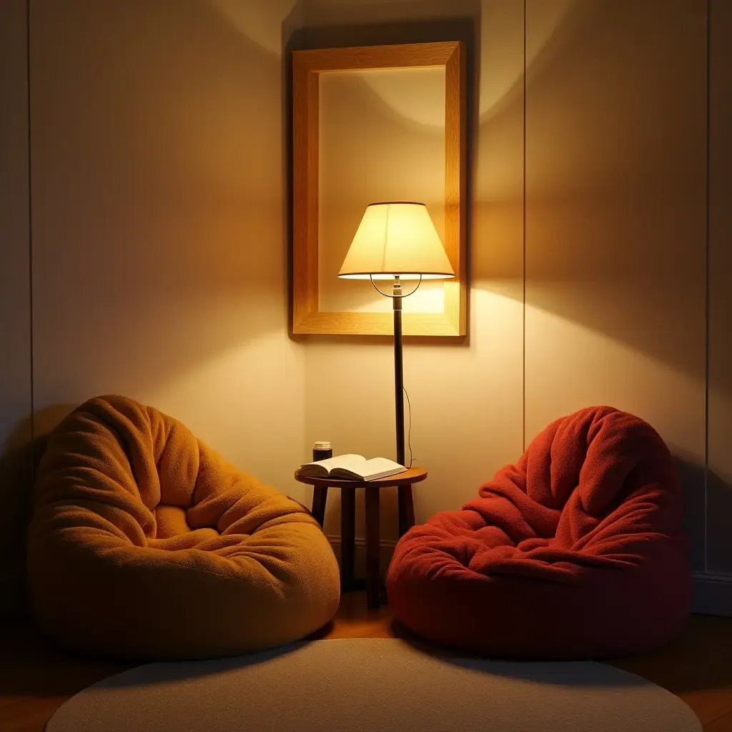 a photo of a reading corner with a floor lamp and comfy bean bags