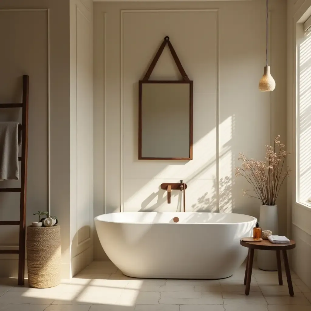 a photo of a cozy bathroom featuring a rustic ladder and soft lighting